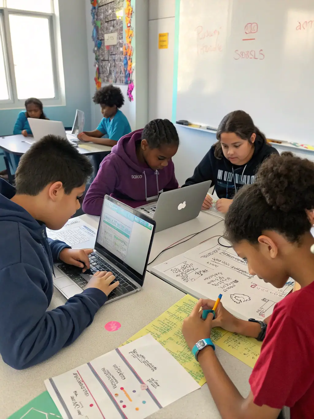 A group of students actively participating in a coding workshop, focused on their laptops with engaged expressions, in a modern classroom setting. The scene should convey collaboration and hands-on learning.